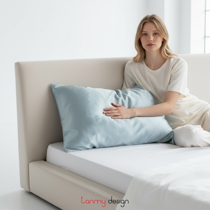 Vỏ gối lụa satanh 50x70 xanh thắt nơ